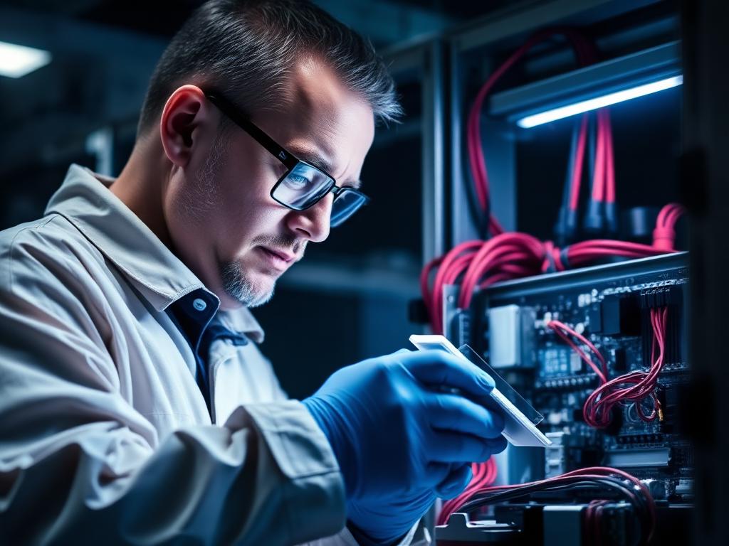 Prüftechnikerin kontrolliert ein vergossenes Stromversorgungsmodul