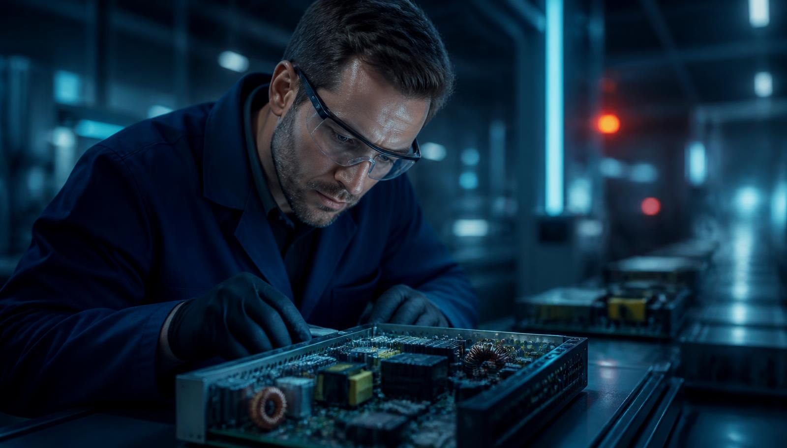 Techniker prüft eine Stromversorgungs-Baugruppe in der Fertigung